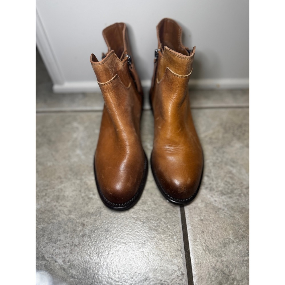 Franco Sarto Women's Brown Leather Ankle Boots Side Zip Block Heel Size 5.5